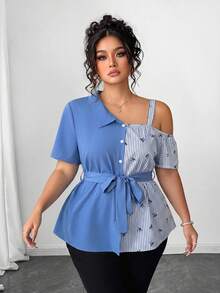 SHEIN Clasi Casual Elegant Baby Blue Tie-Up Asymmetric Loose Shoulder Short Sleeve Patchwork Plus Size Shirt, Suitable For Vacation Party Summer - Multicolor - View 6