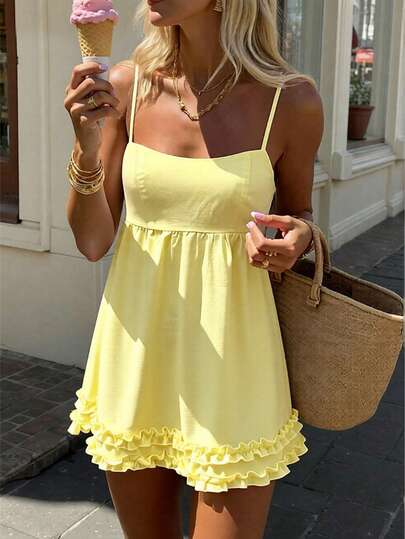 Cévolie Women's Retro Pale Yellow Sleeveless Dress With Ruffle Trim, Elegant French Beach Resort Style, Sexy For Party, Music Festival, Date, Casual Romantic Mini Slip Dress For Spring/Summer