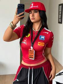 Coolane 巴西女士加大码春夏街头风酷炫篮球球衣设计字母印花黄色上衣 - 紅色 - 查看 1