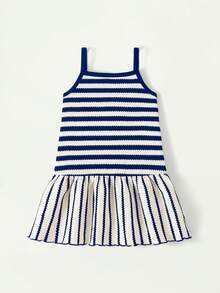 Maija Kids Maija Kids 一件装，女童休闲优雅条纹宽松吊带连衣裙，适合日常穿着、返校、外出、聚会、节日、春夏穿着。 - 藍色 - 查看 2