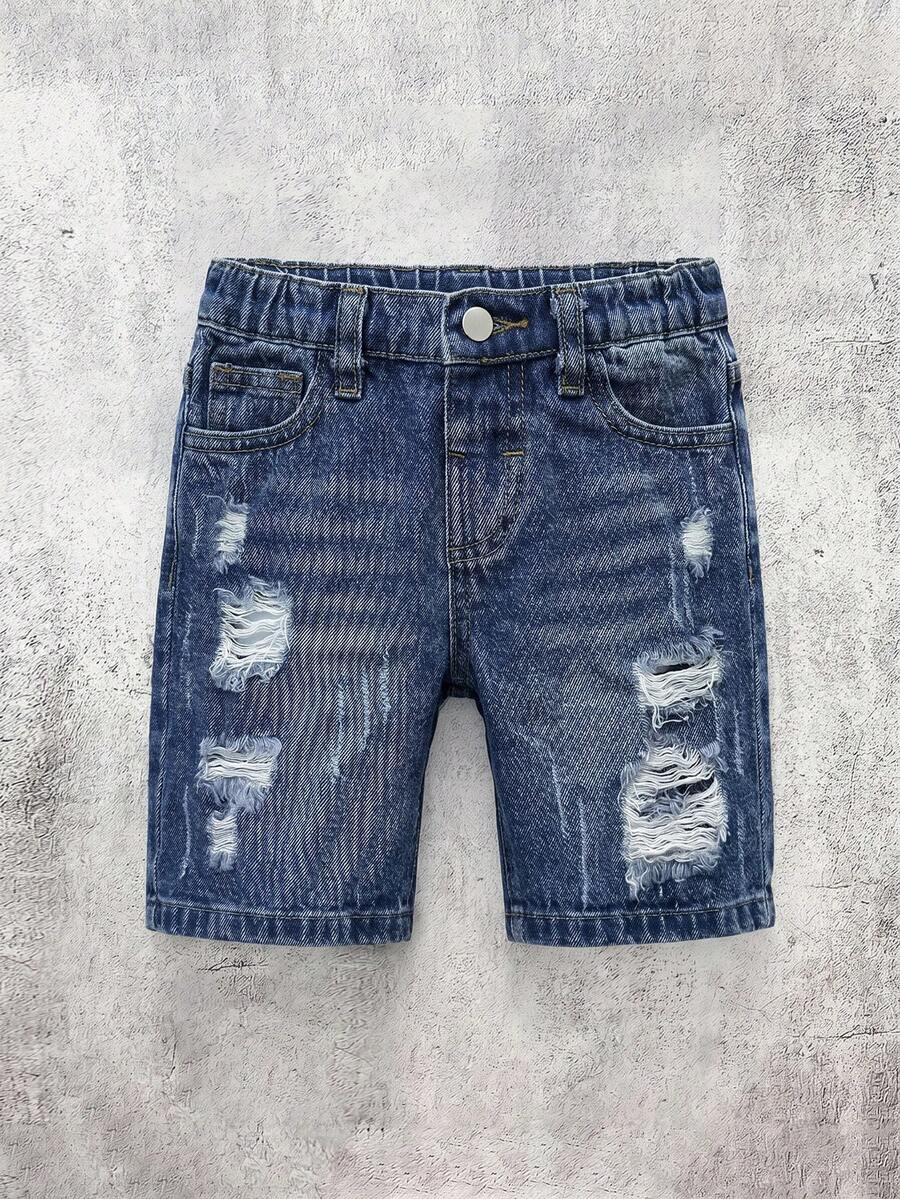 SHEIN 男童夏季街头酷炫水洗前扣口袋做旧简约破洞磨边黑色牛仔短裤，男童春夏街头服饰春假穿搭 - 深色水洗藍 - 查看 1