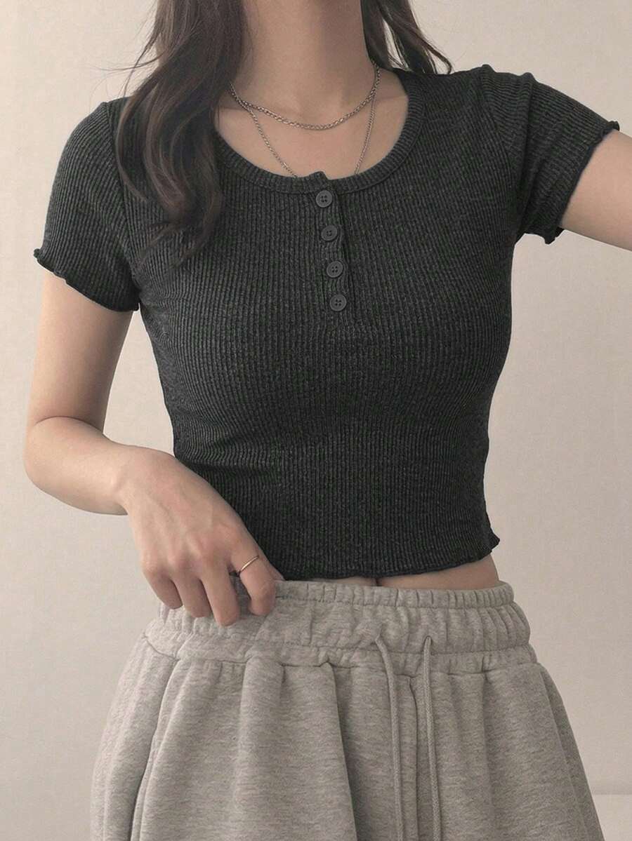 DAZY Women's Fitted Cropped Long Sleeve Ribbed T-Shirt - Grey - View 1