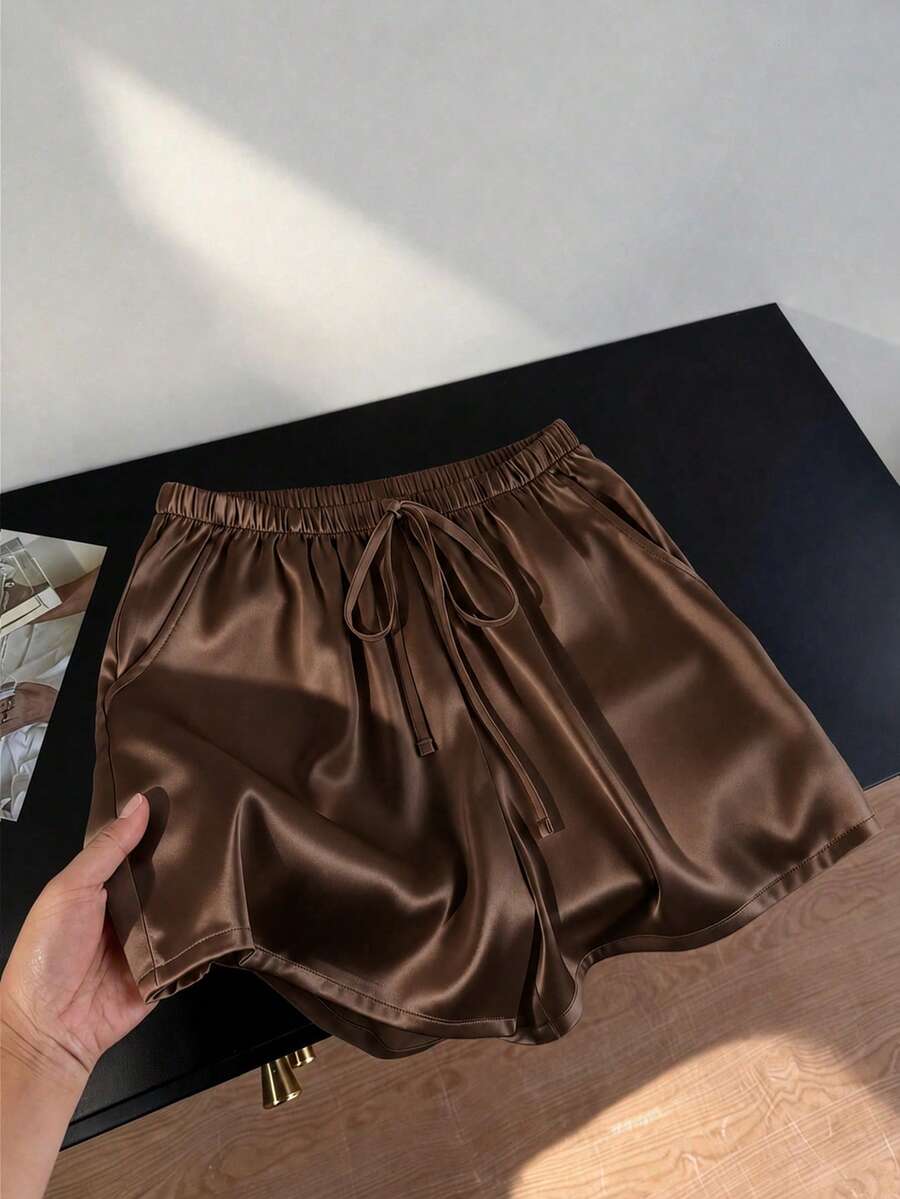 GlowEve Quần short nữ thời trang, thanh lịch, màu trơn, cạp cao, lưng thun, có dây buộc, túi chéo, dáng rộng, thoải mái, mặc hàng ngày. - Cà phê nâu - Xem 1