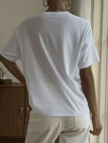 Livesso Camiseta de manga corta con cuello redondo, con diamante de imitación, de uso casual y versátil para uso diario - Blanco - Ver 4