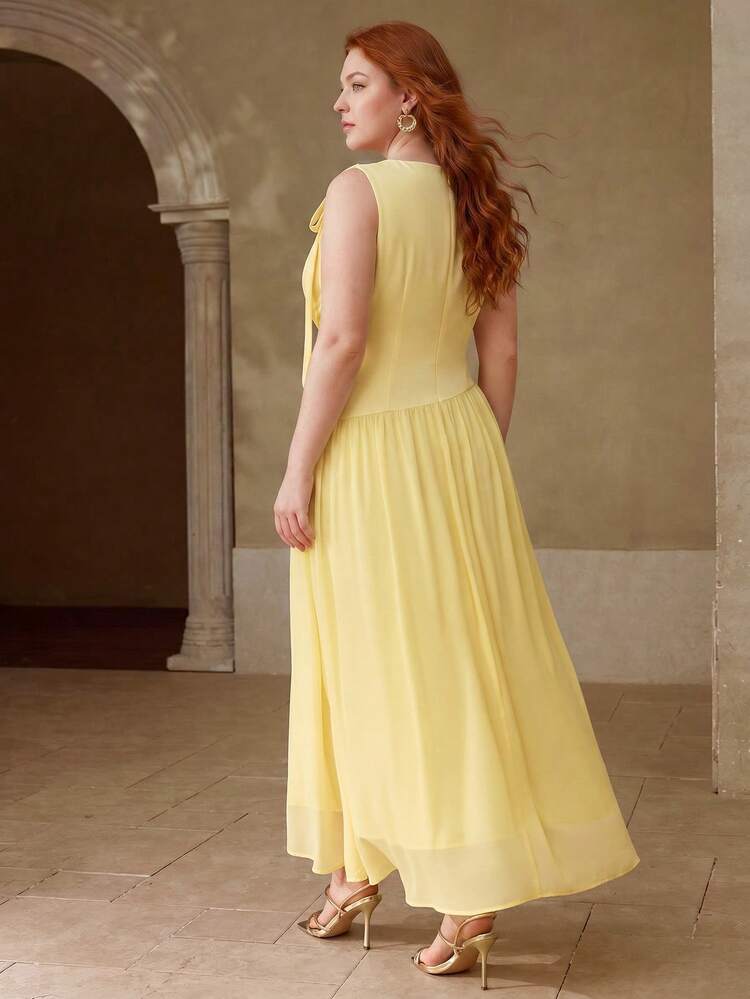PLUS SIZE ELEGANT FLOWY DRESS WITH BOWKNOT PATCHWORK, SUMMER
