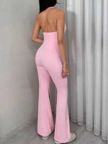 TRNVIE Mono de encaje con escote en V profundo, mono rosa ajustado informal para mujer - Rosa - Ver 2