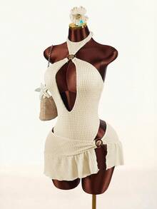 Amplova Women's Shell Metal Decor Halter Backless One-Piece Swimwear With Cover-Up & Skirt Set - Apricot - View 12