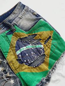 ROMWE Avant Women Vintage Millennium  World Cup Brazil Festa Junina Distressed Ripped Super Low-Waist Mini Denim Shorts - Blue - View 3