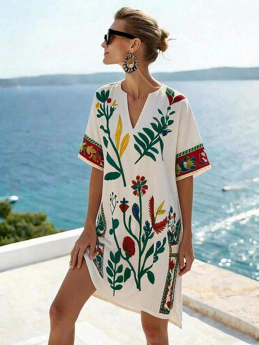 SHEIN Holidaya 简约米色和黑色花卉印花V领短袖宽松A字连衣裙,适合工作和休闲场合,版型修身,花卉图案装饰 - 彩色 - 查看 1