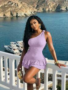 Slaydiva Bộ jumpsuit nữ màu xanh lá cây dáng ôm, lệch vai, thắt nút, nhiều lớp xếp nếp, chất liệu vải dệt, hàng mới về mùa Xuân/Hè 2026, phong cách nghỉ dưỡng thường ngày, bán chạy nhất. Thích hợp cho các hoạt động hàng ngày, phong cách boho, đi biển, mua sắm, tiệc tùng, lễ hội, lễ hội âm nhạc, đi học, kỳ nghỉ, trang phục sân bay, trang phục ăn trưa, hộp đêm, câu lạc bộ, du lịch, hẹn hò. - Màu tím hoa cà - Xem 7