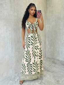 Eryvara Conjunto de ropa de vacaciones sexy para mujer, top corto con tirantes finos y nudo delantero, y falda con estampado floral y abertura en el bajo, para primavera/verano - Multicolor - Ver 5
