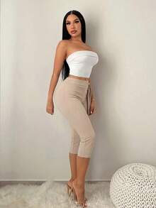 SHEIN SXY 女士高腰修身休闲打底裤，日常百搭 - 棕色 - 查看 6