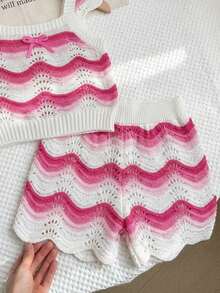 SHEIN Young Girls Handmade Crochet Colorful Striped Vest Set,Cute Bow Decor 2pcs Casual Outfit,Fashionable Summer Beach Holiday Vacation Outfit For Party - Multicolor - View 6