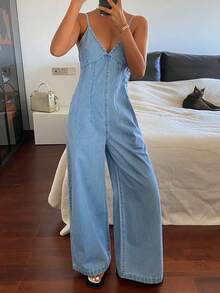DAZY Bộ áo liền quần không tay cổ chữ V dành cho nữ, quần yếm denim kiểu dáng thường ngày cho kỳ nghỉ và áo liền quần. - Rửa nhẹ - Xem 5