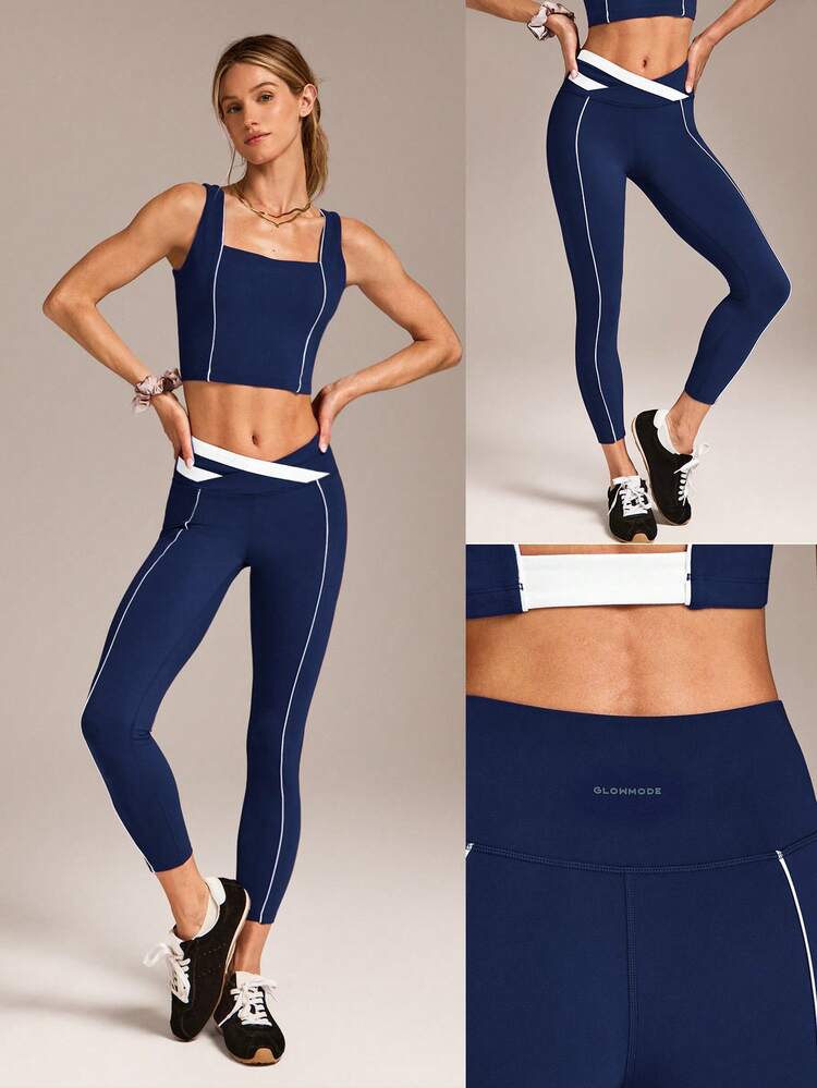 24" FeatherFit™ Core Confidence Soft Stretchy Sweat-Wicking Contrasting Color Crossover Waist Leggings Yoga Pilates Studio Daily Casual Wear