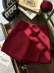 EMERY ROSE Plus Size Women Solid Color Casual Versatile Skort - Burgundy - View 3