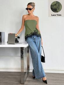Siren Gaze Áo quây bằng satin mờ viền ren - màu xanh lá - Xem 3