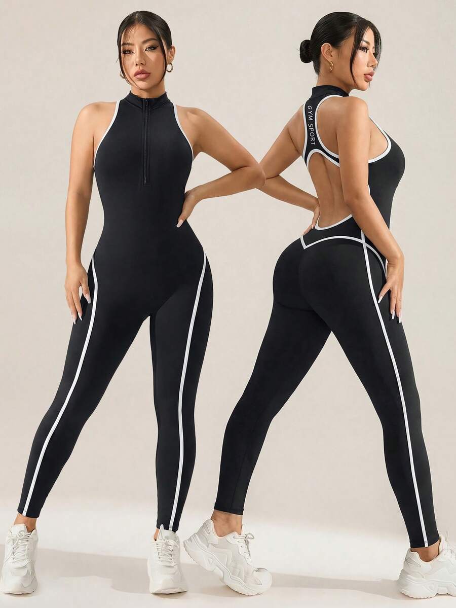Seamluxe SHEIN Sport 女士撞色拉链无袖运动连体裤 - 黑色 - 查看 1