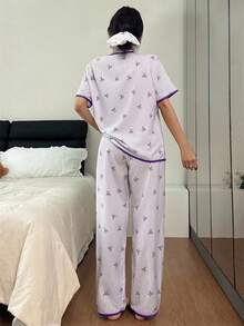 SHEIN 粉色和白色条纹蝴蝶结开衫休闲女士睡衣套装 - 紫色 - 查看 2