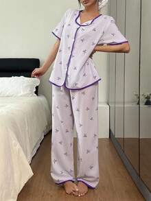 SHEIN 粉色和白色条纹蝴蝶结开衫休闲女士睡衣套装 - 紫色 - 查看 3