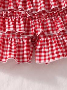 SHEIN Genkimix Kids 女童格子荷叶边吊带背心和蛋糕裙两件套 - 紅色 - 查看 6