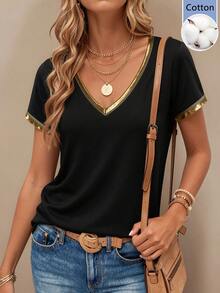 Balvessa Áo thun cotton nữ, mẫu mới xuân/hè, áo thun cổ chữ V tay ngắn dáng rộng thoải mái, đa năng cho mặc hàng ngày và hoạt động ngoài trời. - màu đen - Xem 3