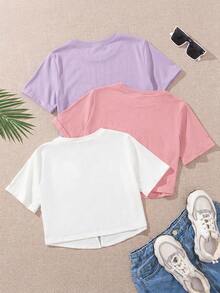 3pcs/Set Tween Girls' Solid Color Round Neck Fitted Cropped Twist Knit Casual T-Shirts - Multicolor - View 2