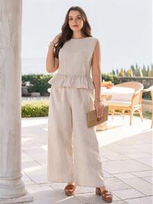 Rosumi Plus Size Women's 2pc Set,White Striped Ruffle Sleeveless Tank Top And Wide Leg Pants,Summer Vacation Holiday Boho Outfit,Casual Everyday Set - Khaki - View 9