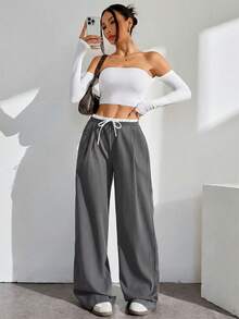 SHEIN Tall 女款休閒百搭寬鬆長褲，適合高個女性 - 灰色 - 查看 7