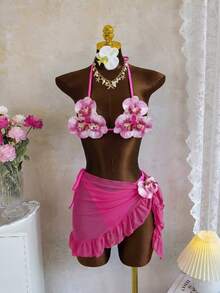Swim SXY New Fashion 3pcs/Set 3D Orchid Halter Bikini Top, Tie-Up Triangle Bottoms, Ruffle Mesh Mini Skirt Swimwear Set (Flower Pattern Random) - Hot Pink - View 2