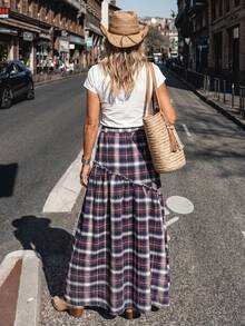 SHEIN LilyWest Chân váy nữ kiểu phương Tây, họa tiết kẻ caro, viền bèo nhún, cạp cao, chất liệu cotton, phong cách boho, dáng maxi. - Nhiều màu - Xem 2