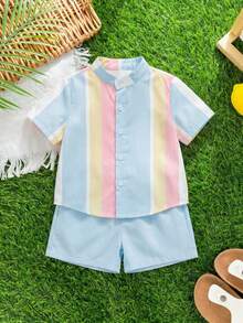 SHEIN 2件套男童休闲舒适百搭条纹立领短袖衬衫和短裤套装 - 彩色 - 查看 9