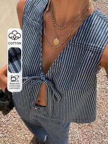Livesso Cotton Blue Striped Tie-Up Top And Casual Pants Women's Denim Suit - Pink - View 1