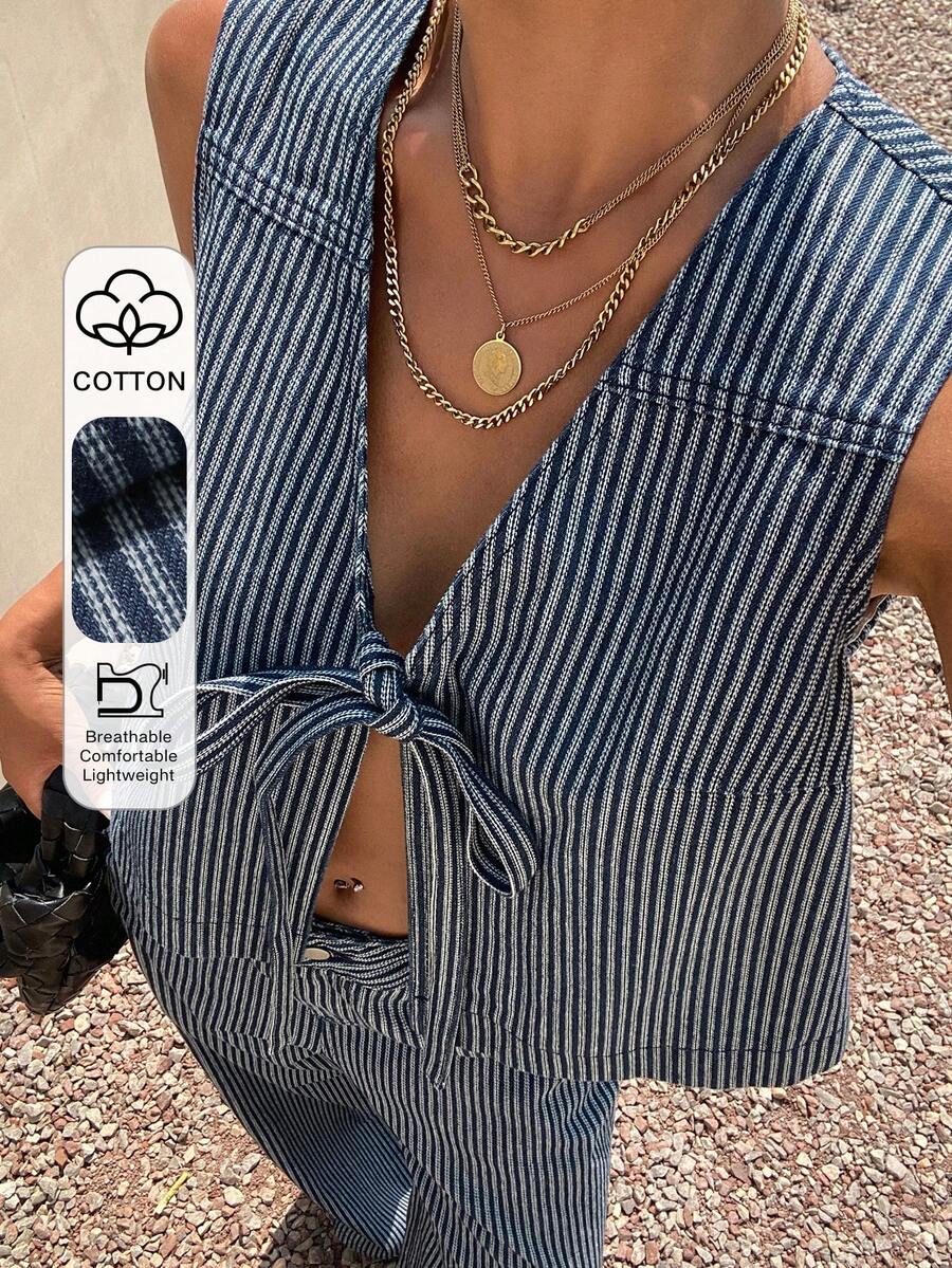 Livesso Cotton Blue Striped Tie-Up Top And Casual Pants Women's Denim Suit - Pink - View 1