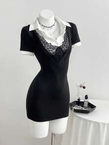 Elamini Vestido ajustado de manga corta con cuello polo, combinación de encaje y contraste de color negro y blanco 2 en 1, estilo elegante y retro, adecuado para la temporada de graduación, estilo escolar, uso diario y oficina, color negro - Negro - Ver 5