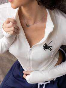 Xuxu's by Gio 女款 Polo 圖案印花輕量夾克，休閒街頭運動拉鍊式修身長袖外套，秋冬季女裝白色 - 白色 - 查看 5