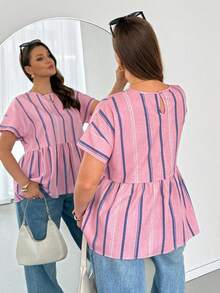 Shapeblank 大码女装春夏时尚休闲宽松舒适清爽日常百搭显瘦粉色条纹短袖娃娃衫，女式衬衫，简约风格，外出穿搭，曲线可爱上衣，欧洲夏季 - 粉色 - 查看 6