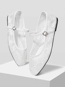 MOTF LADIES ELEGANT VERSATILE COMMUTER MESH FLORAL EMBROIDERED BUTTON FLATS FOR HOLIDAY WEAR - Mesh white - View 8