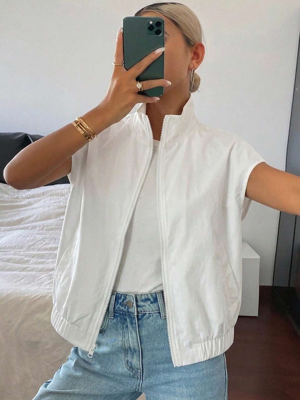 Women's Turndown Collar Sleeveless Short Street Casual Vest-Style Thin Jacket Summer Travel White