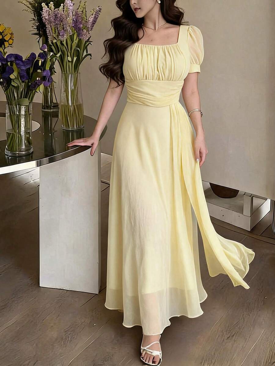 Feyla Women Elegant Square Neck Puff Sleeve Pale Yellow Midi Dress Summer Chiffon Flowy Party Vacation GownChiffon For GownWomen With And Sleeves