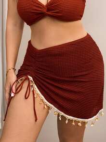 Swim Vcay Falda de tela con textura especial, unicolor, con cordón, fruncida, con borlas, conchas y estrellas de mar, para mujer de talla grande, para vacaciones de verano en la playa - Burdeos - Ver 3