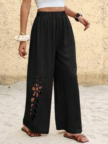 SHEIN Frenchy Quần nữ thời trang đa năng thêu họa tiết khoét lỗ, thích hợp cho kỳ nghỉ. - màu đen - Xem 3