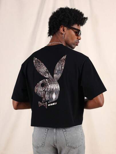 PLAYBOY X SUMWON Cropped Graphic Tee With Leopard Print Logo And Bunny Back Print Oversized Streetwear