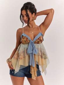 SHEIN BAE Áo hai dây nữ thanh lịch, thoải mái, kiểu dáng đi nghỉ mát, xếp lớp, bèo nhún, phối màu tương phản, thắt nơ, ren, họa tiết da báo, áo đi biển, áo phong cách bohemian, áo retro, áo vintage, áo bèo nhún, áo mùa hè, áo dễ thương. - Nhiều màu - Xem 5
