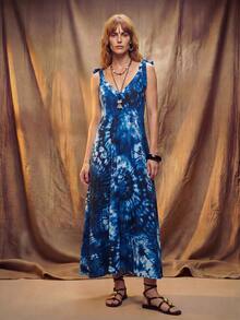 Fembélia 2026 New French Style Vintage V-Neck Backless Navy Blue Vacation Dress, Spring/Summer - Blue - View 3