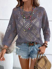 SHEIN Holidaya Áo len nữ màu trơn khoét lỗ, kiểu dáng thường ngày đa năng. - Màu tím  Violet - Xem 6
