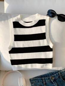 Top tejido crop con patrón de rayas para uso casual  para mujeres - Blanco y Negro - Ver 4