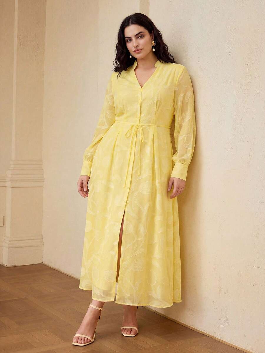 ZEYLAH Plus Size Women V-Neck Twist Waist Casual Party Dress Fall - Yellow - View 1