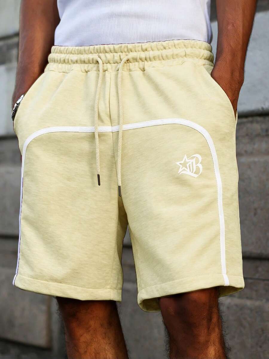 PAVTROS Men's Letter Print Drawstring Waist Casual Versatile Daily Wear Shorts, Holiday - Beige - View 1