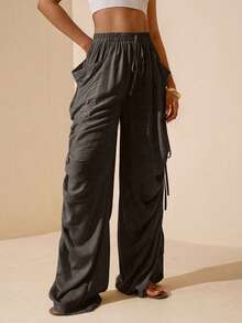 Vesra Women's Solid Color Side Ruched Drawstring Pocket Pants - Brown - View 4